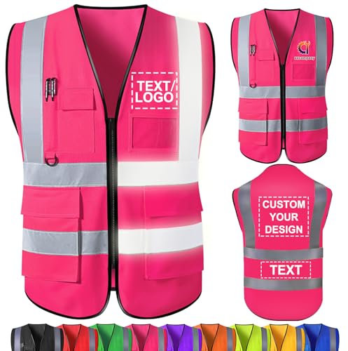 WolunLi Warnweste mit Logo - Personalisierte Sicherheitsweste mit Text, Namen - Warnweste bedruckt für Unternehmen mit Reißverschluss & Taschen Pink X-Large