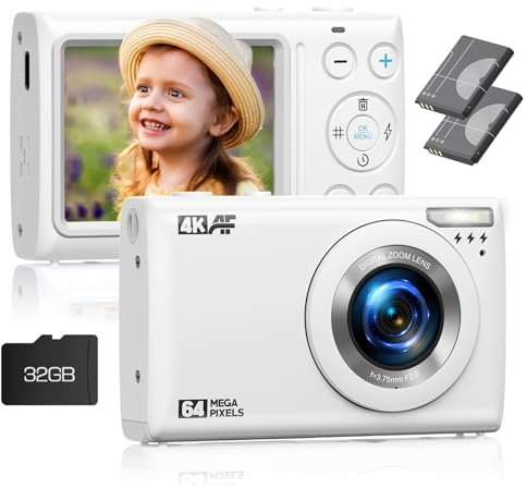 Digital Camera, 4K Autofocus Portable Travel Cameras with 32G SD Card, 48MP Point and Shoot Digital Camera for Photography with 18X Digital Zoom for Kids Beginners (White)