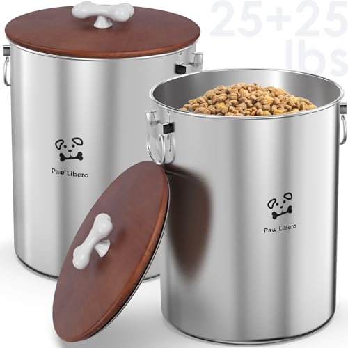 Paw Libero 2PK 25 Lbs total 50 Lbs Stainless Steel Dog Food Storage Container with Airtight Wooden Lid & Ceramic Bone Handle, Large Metal Dog Food Bin for Dogs & Cats, Keep Fresh, Easy to Clean