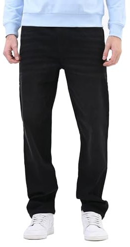 Enorsia Mens Authentic Black Straight Fit Jeans –Faded wash, Soft Super Stretch Fabric. Comfortable fit with Leather Patch Detail (Black,36)
