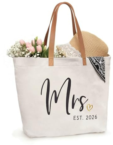 ELEGANTPARK Mrs Gifts for Bride 2026 - Large Canvas Wedding Tote Bag with Zipper, Bridal Shower Gift for Bride to Be, Bachelorette Party Honeymoon Beach Bag