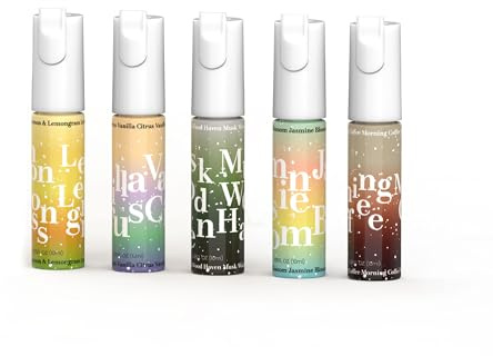 VOVO Airee Pre Toilet Spray, 5 Variety Pack 0.35 fl oz - Jasmine Blossom, Morning Coffee, Musk Wood Haven, Vanilla Citrus, Lemon & Lemongrass