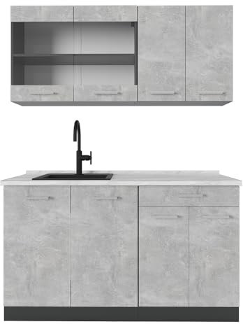 Vicco Singleküche R-Line, Küchenzeile Single, Beton/Anthrazit, 140 cm, AP Marmor