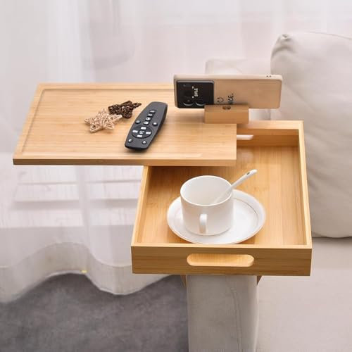 Gevvnss Sofa Arm Tray,Couch Arm Table,Two-Tier Clip On Tray Sofa Table with 360° Rotating Tabletop and Mobile Phone Stand,for Eating and Drinking,Storage,35 * 24 * 16cm