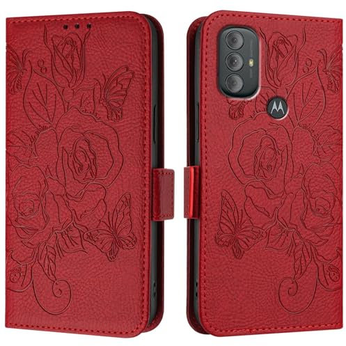 Étui à rabat pour smartphone Compatible avec Motorola Moto G Power 2022, étui portefeuille fin en cuir PU à rabat, étui de protection résistant aux chocs avec porte-cartes + dragonne(Rosso)