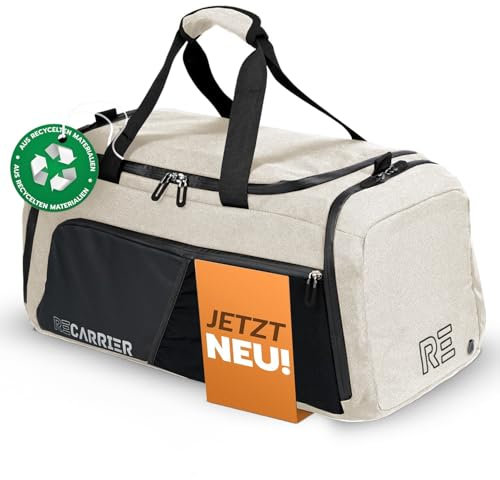 RECARRIER Sporttasche [RECYCELTES PET] 50L – Gym Bag und Rucksack in Einem – wasserdichte Trainingstasche Herren Damen – Sportrucksack mit Schuhfach Fitness, Reisetasche groß (Savanna beige)