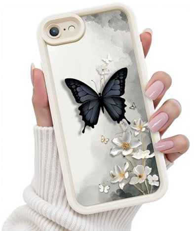 FUXICASE for iPhone SE/8/7 Case, Creative Butterfly Pattern Design for Girl Women, Soft Silicone Shockproof Anti-Scratch Protection Phone Cover for iPhone SE/8/7 (3D Black Butterfly)