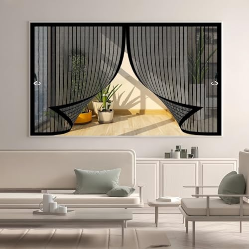 Rideau Moustiquaire Fenetre 70x120cm(W x H) Anti-Moustiques, Fermeture Automatique, Sans Perçage, Maille Fine, Moustiquaire sur Mesure pour Porte de Balcon, Porte Cave, Noir