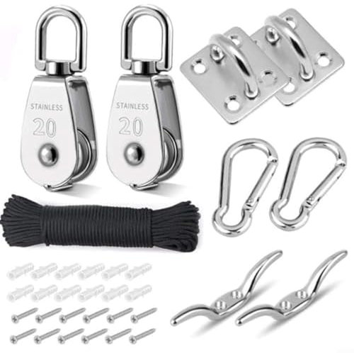 URPIZY M20 Edelstahl Flaschenzugsystem Mit Umlenkrolle Seilzug Für Garten Gewächshaus Markise Sonnensegel Mit 20M Seil Und 150Kg Tragkraft