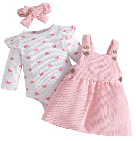 LUVCES Ensemble Nouveau-né Fille Jupe à Bretelles en Velours Côtelé + Haut Côtelée avec Cœur + Bandeau 3Pcs Jolie Vêtements d'Automne Hiver Été