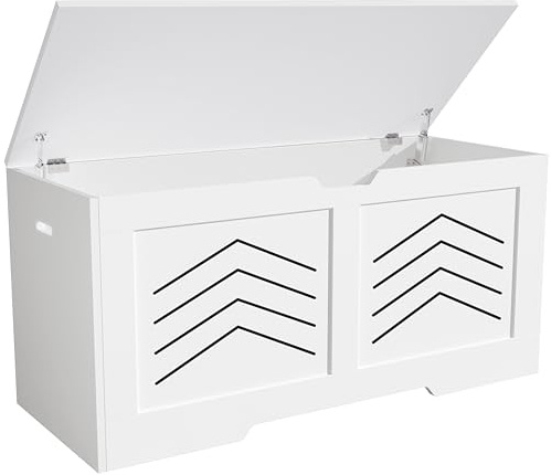 Blisswood Toy Storage Box with Lid & Safety Hinges, Wooden Storage Chest Trunk, Large Blanket Box, Storage Bench & Toy Organizer (White, 76 x 46 x 40 CM)