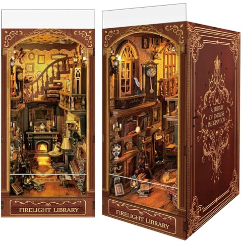 Feuerlicht-Bücherecke, DIY-Miniatur-Haus-Puzzle für magische Heimdekoration, 3D-Bücherregal-Dekor für Erwachsene, Jugendliche und Anfänger
