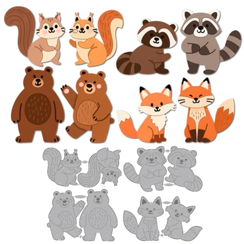 MAYJOYDIY Kleinen Tieren Metall Stanzformen Waschbär Stanzschablonen | Eichhörnchen Stanzschablonen, Fuchs Bär Prägeschablone Stanzformen, Für DIY Alben Dekorative Prägung Papierkartenherstellung