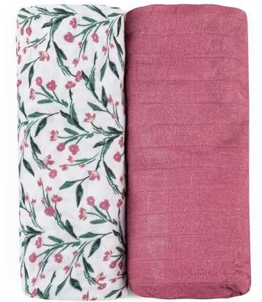 Petite&Mars Set aus 2 Musselin-Bambus-Wickeltüchern Misty 2in1 * 120 x 120 cm * hypoallergen * Bambus * Baumwolle * Spucktuch * Bäuerchentuch * Musselintuch * Musselin-Wischtuch (Pink Meadow)