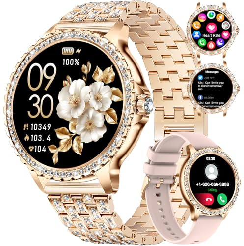 LIGE Women's Smart Watch 1.32 HD Elegant Diamond Bluetooth Phone Calls for Android iOS Ladies Smartwatch Round Dial 100+ Sport Fitness Tracker, Heart Rate Sleep Monitor,2 Watch Straps,Rose Gold Pink