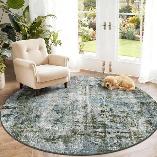 SOANNY Teppich Rund, Kurzflor rutschfest Superweich, Ø160 cm, Moosgrün