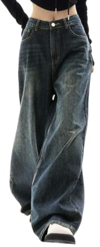 EMMIOL Baggy Jeans Damen Wide Leg High Waist Denim Hose | Weites Bein Y2K Vintage Jean Hosen mit Elastischer Taille Streetwear Boyfriends Loose Fit Jeanshose