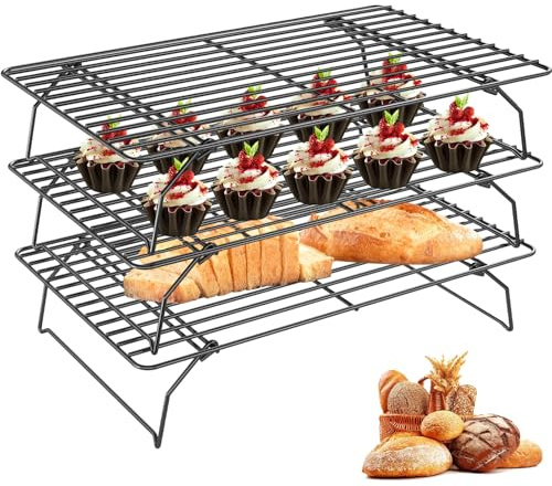 Rejilla Enfriadora Galletas 3 Niveles, Bandeja Refrigeración Secado Hornear Antiadherente Plegable 40×25cm, Rejillas Enfriamiento Apilables Accesorios Cocina Acero Carbono para Pasteles, Magdalenas