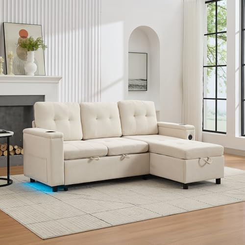 Merax Ecksofa L-FormKlappsofa mit verstecktem Stauraum, LED-Lichtleiste, USB-Anschlüssen und Getränkehaltern, Multifunktionales Schlafsofa in Beige, Ideal für Wohnzimmer und Kleine Räume