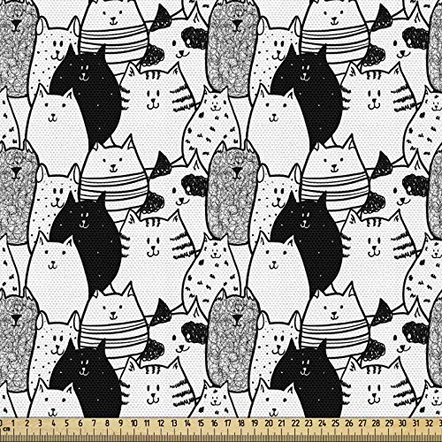 ABAKUHAUS Katze Gewebe als Meterware, Nette Gekritzel-Charaktere, Schön Gewebten Stoff für Polster und Wohnaccessoires, 1M (148x100cm), Weiß Schwarz