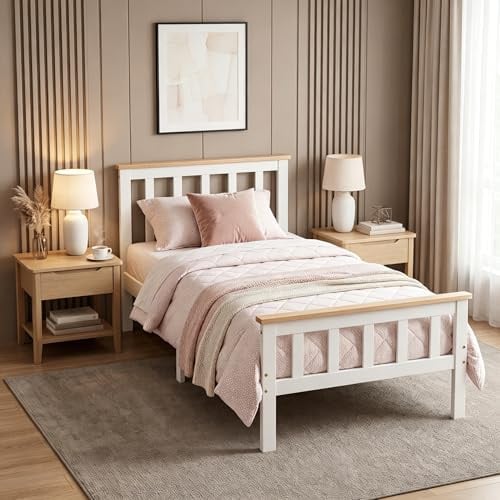 Panana New Single Bed Frame 3FT White Solid Pine Wood Bed for Adults, Kids, Teenagers (White+Wood)
