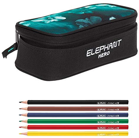 Elephant Mäppchen Mädchen Etui Federtasche Mäppchenbox groß Pennal Schülermäppchen Pencil case Box Large 12800 + 6 Stifte (Türkis Flower Verlauf (Schwarz/Grün))
