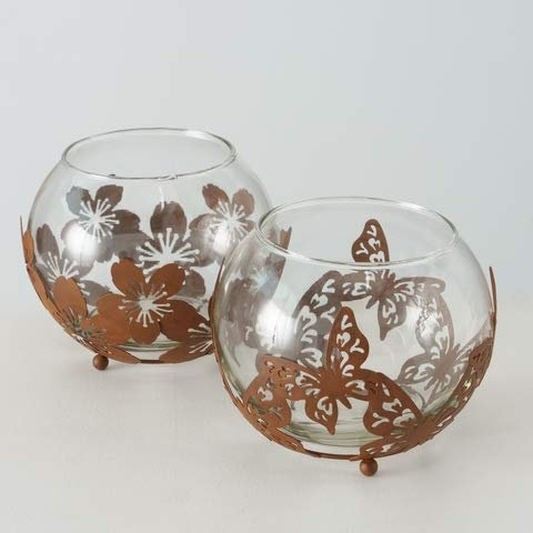 Windlicht Eisen Glas rund Schmetterling oder Blume braun Patina H13cm Stückpreis