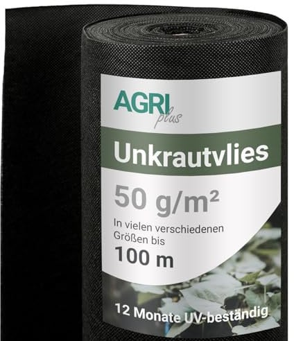 AGRI plus Unkrautvlies I 1,6 x 100 m I Verschiedene Maße I Reißfestes 50 g/m² Polypropylen Vlies für den Außenbereich I Gartenvlies gegen Unkraut I Vlies wasserdurchlässig & UV-beständig