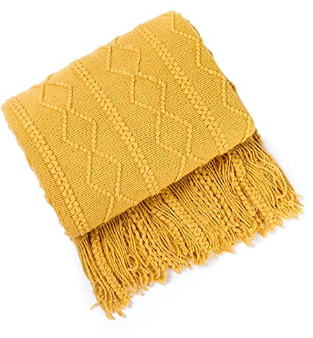 Galatée Hohe Qualität Wohndecke Bunt,Gestrickte Decke Boho,Baumwolle,gemütliche,Decke,Couchdecke,Sofadecke,Tagesdecke Wohnzimmer Couch Auswahl Gelb 150 * 200cm