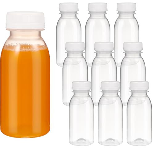 iplusmile 10 Botellas de Jugo de plástico - Recipientes de Bebida Reutilizables con Tapas de 200ML, Botella de Leche de Plástico Envases de Bebidas Transparentes para Batidos, Bebidas, Leche
