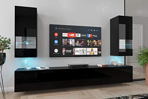 Furnitech Wohnwand Wohnzimmer - Wohnzimmer Möbel mit LED RGB - 16 Farben - Hängend Wohnwand Modern - Wohnzimmer Schrankwand mit Regale und TV Schrank (Sezana AN21-18B-HG1 1A)