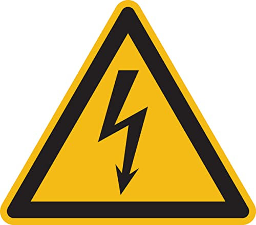 Dreifke® Aufkleber Warnschild, Warnung vor elektrischer Spannung W012 (Blitzpfeil) DIN EN ISO 7010 Folie selbstklebend gelb/schwarz 25x25mm 6 Stk.