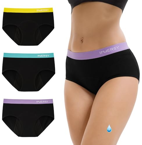INNERSY Period Pants Black Menstrual Knickers Light Flow Leak Proof Underwear Hipster Panties 3 Pack(20, Colourful Black)