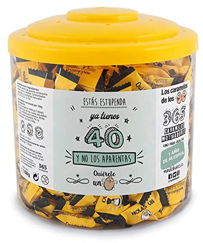 Regalo original. Tarro con 365 caramelos motivadores. Ya tienes 40 y no los aparentas. Un caramelo motivador para cada dia del año