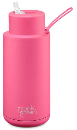 frank green Insulated Water Bottle for Cold Or Hot Drinks - 1 Litre/34oz Metal Water Bottle with Straw Lid, Ceramic Insulated, Stainless Steel, Triple Wall Vacuum - Neon Pink by frank green