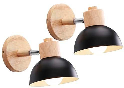 iDEGU 2 Stücke Wandleuchten Moderne Innen Wandlampe aus Holz Metall Halbkreis Lampenschirm E27 Verstellbare Wandspot Vintage Lampe für Schlafzimmer Wohnzimmer (2 Lampen, Schwarz)