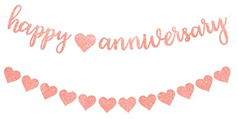 Happy Anniversary Banner, Roségold-Wimpelkette zum Aufhängen mit Herzen, Girlande für Jahrestag, Geburtstag und Hochzeit, Liebe, Party, Zeremonie, Dekoration, Partyzubehör