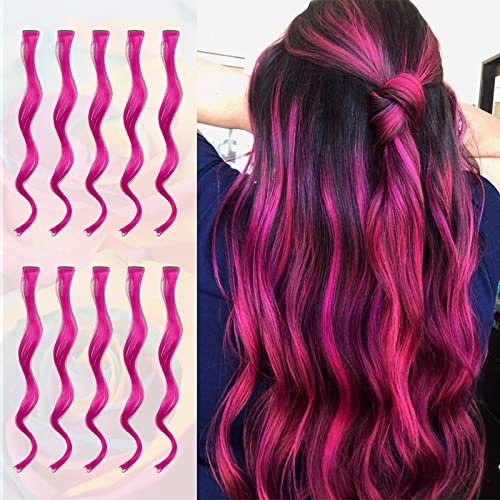 Sofeiyan 10 Pcs Colored Hair Extensions Party Highlights Colorful Clip in Hair Extensions 17 Inch Curly Wavy Synthetic Hairpieces for Women Party, Rose Red