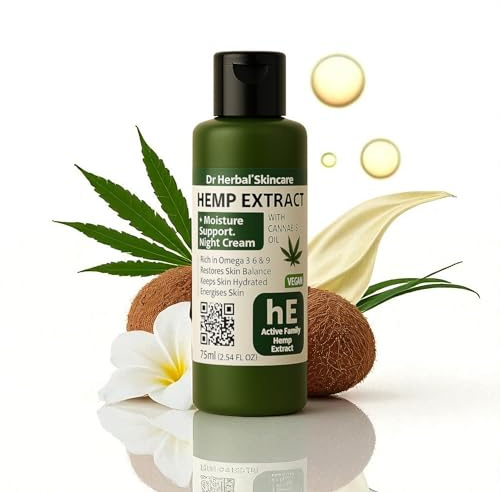 Dr Herbal™ Skincare Hemp Night Cream 75ml Nourishing Face Moisturiser for Dry, Sensitive or Tired Skin With Glycerin, Coconut Oil, Rooibos, Silk Amino Acids, Tiare Flower & Botanical Extracts