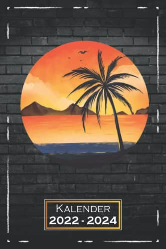 2022-2024 Kalender: Palmen, Sonnenuntergang A5 (6x9) | von Juli 2022 bis Juni 2024 | Softcover | 1 Woche auf 2 Seiten | mit Monatsübersicht & Kontakttabelle | Urlaub | qd3