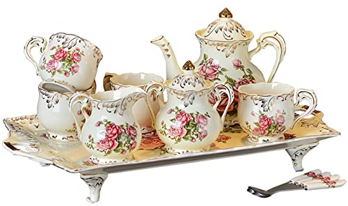 Servizio da tè in Porcellana da 8 Pezzi con cucchiai, teiera, Tazze da tè, zuccheriera, lattiera per casa, Ufficio, Cappuccino, Latte, Moka, Tazze