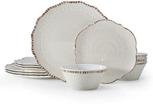 Pfaltzgraff Chateau - Vajilla de melamina para exteriores, 12 piezas, servicio para 4, color blanco