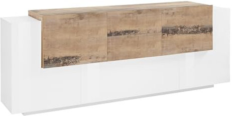 Whous Modernes Sideboard für Wohnzimmer, Corona 220, Sideboard mit 5 Türen, Holzböden und 2 Schubladen, modernes Sideboard aus Melamin, Anrichte in Weiß und Ahorn, moderner Eingangsbereich,