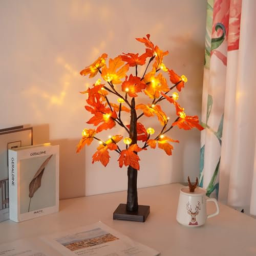 Herbstdeko Lichterbaum Für Innen mit 24 LEDs, Ahornblatt Baum Lichter Herbst Deko Lichterbaum mit Herbstblätter Deko Halloween Kürbis Deko Für Weihnachtsdeko Tisch Herbstdeko Zum Aufhänge