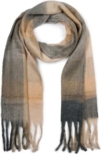 styleBREAKER Écharpe en tricot pour femmes avec motif à carreaux colorés et longues franges épaisses, hiver chaud, étole 01017138, couleur:Gris-beige-marron