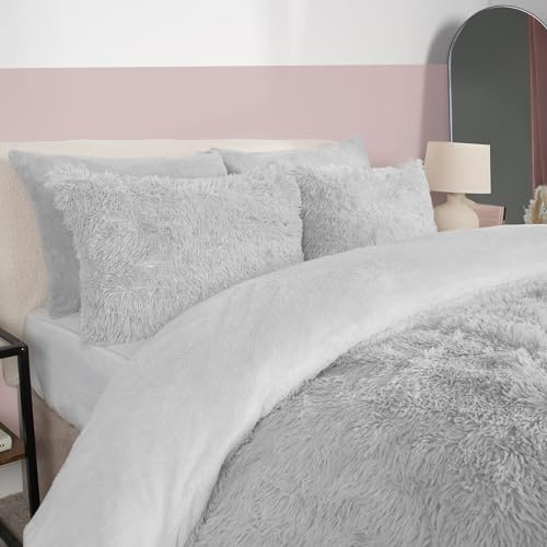 OHS King Size Duvet Cover Sets Teddy Fleece Reverse, Super Soft Warm Winter Fluffy Shaggy Teddy Bedding Quilt Cover Cosy Thermal Fleece Bedding with Pillowcases, Silver Grey