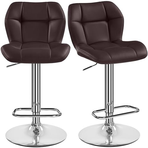 Yaheetech Barhocker 2er Set Höhenverstellbar 360°Drehbar Barstühle Küchenstühle mit Rückenlehne und Fußstütze, Barstuhl PU-Kunstleder Sitzhöhe 62,5 cm - 84,5 cm für die Küche, Braun