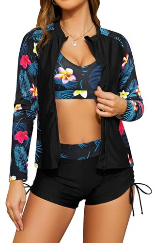 SHEKINI Frauen 3-teilige Rash Guard Langarm Badeanzüge mit Kordelzug Kurz (Schwarz+Blatt, Small)