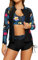 SHEKINI Frauen 3-teilige Rash Guard Langarm Badeanzüge mit Kordelzug Kurz (Schwarz+Blatt, Small)