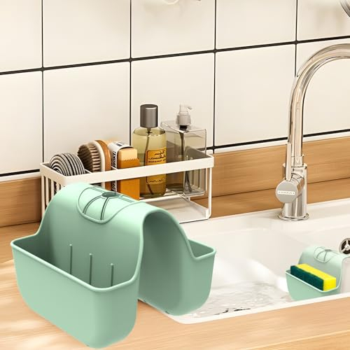 Porte-éponge pour évier de cuisine, support de selle d'évier en silicone, support d'éponge sur robinet, panier à suspendre pour accessoires d'évier de cuisine, vert